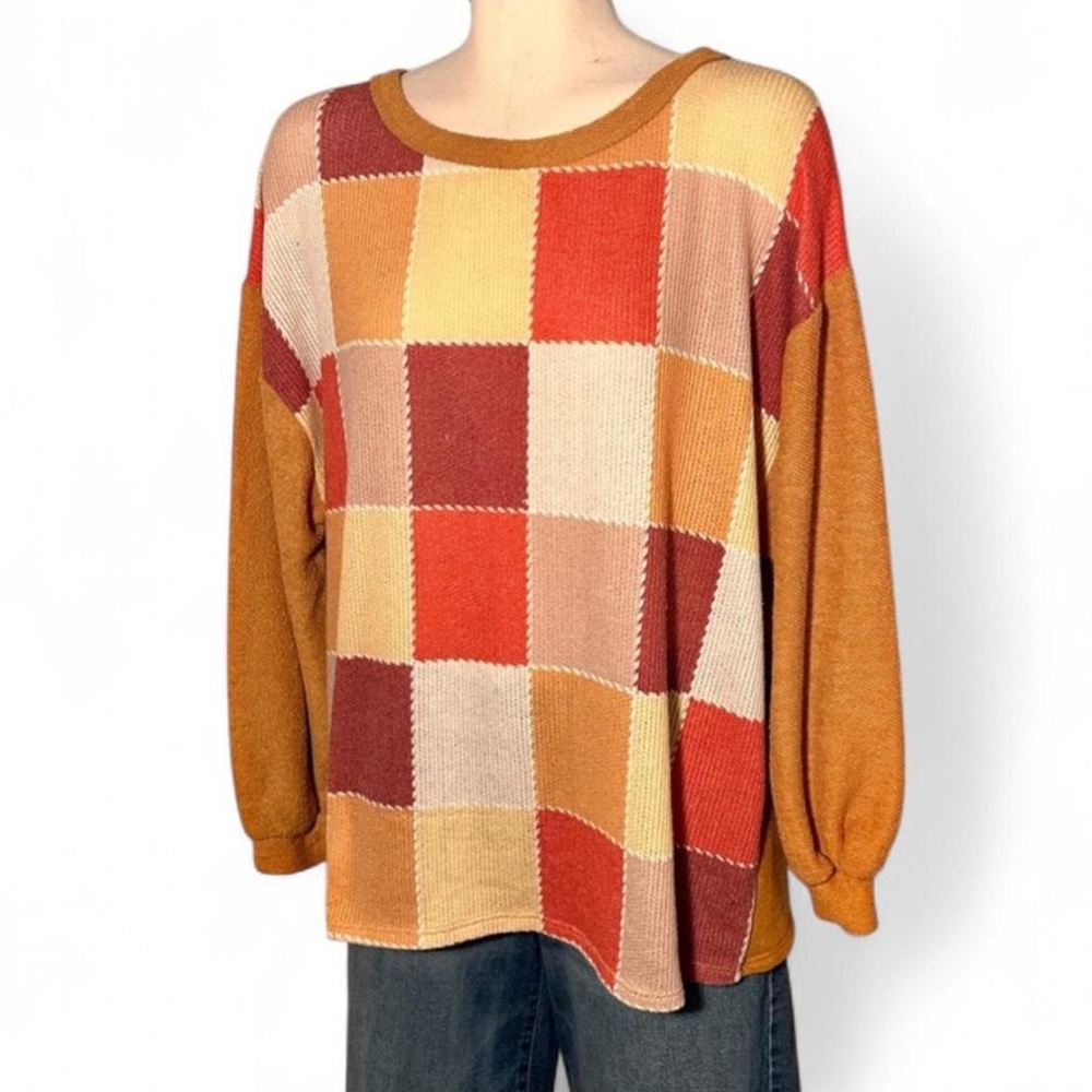 Bibi Patchwork Colorblock Oversized Soft Knit Sweater M Boho Retro